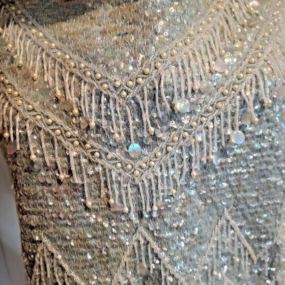 Vintage Alexander’s Heavily Beaded Top Blue Sequin 100% Wool Formal Sz M - moth - Picture 2 of 7
